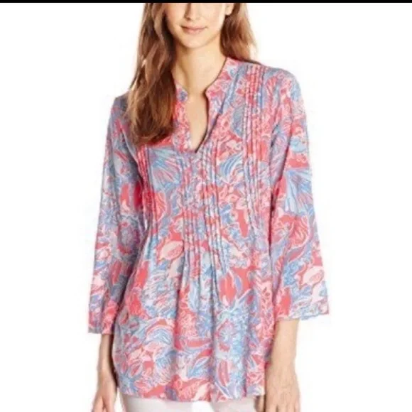 Lilly Pulitzer Women’s Sarasota Tunic Pink Sun Ray V-Neck 3/4 Sleeve Top Small - Picture 2 of 12